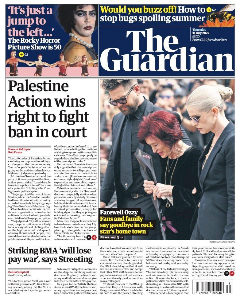 The headline on the front page of the Guardian reads: "Palestine Action wins right to fight ban in court".