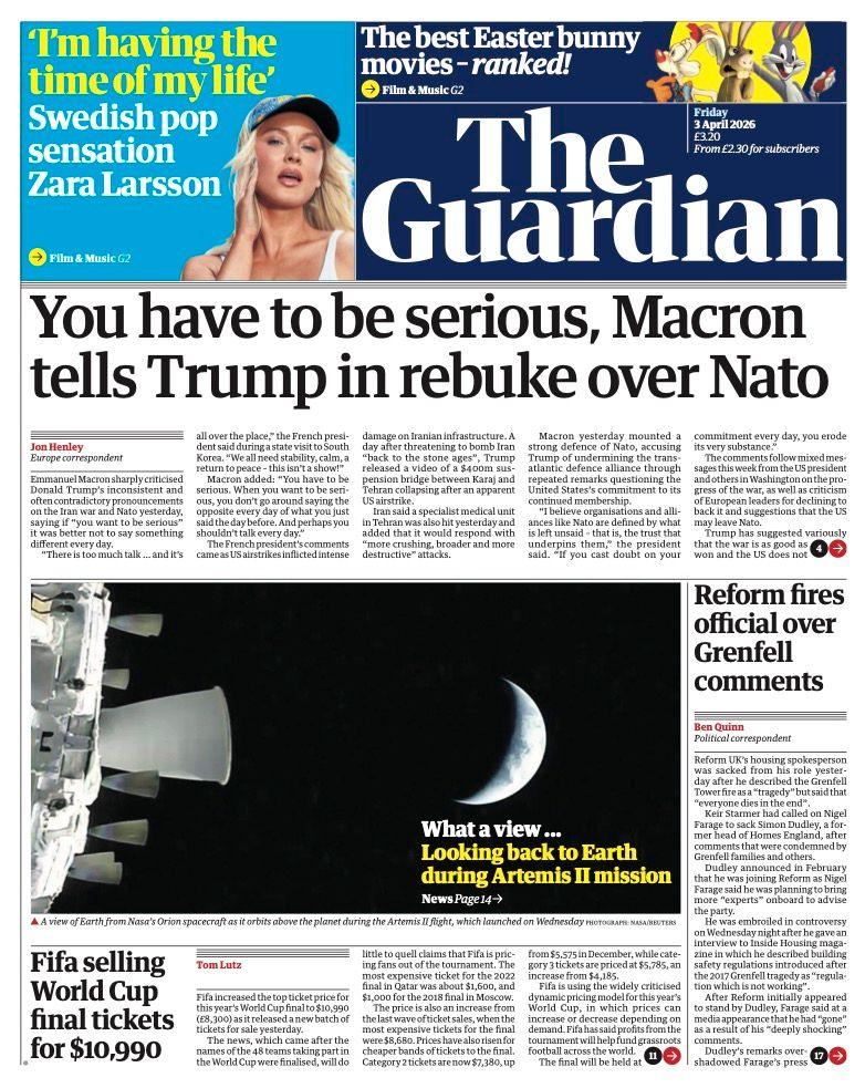 Titulli në faqen e parë të gazetës Guardian thotë: “Duhet të jesh serioz, i thotë Macron Trumpit në shenjë qortimi për NATO-n”.