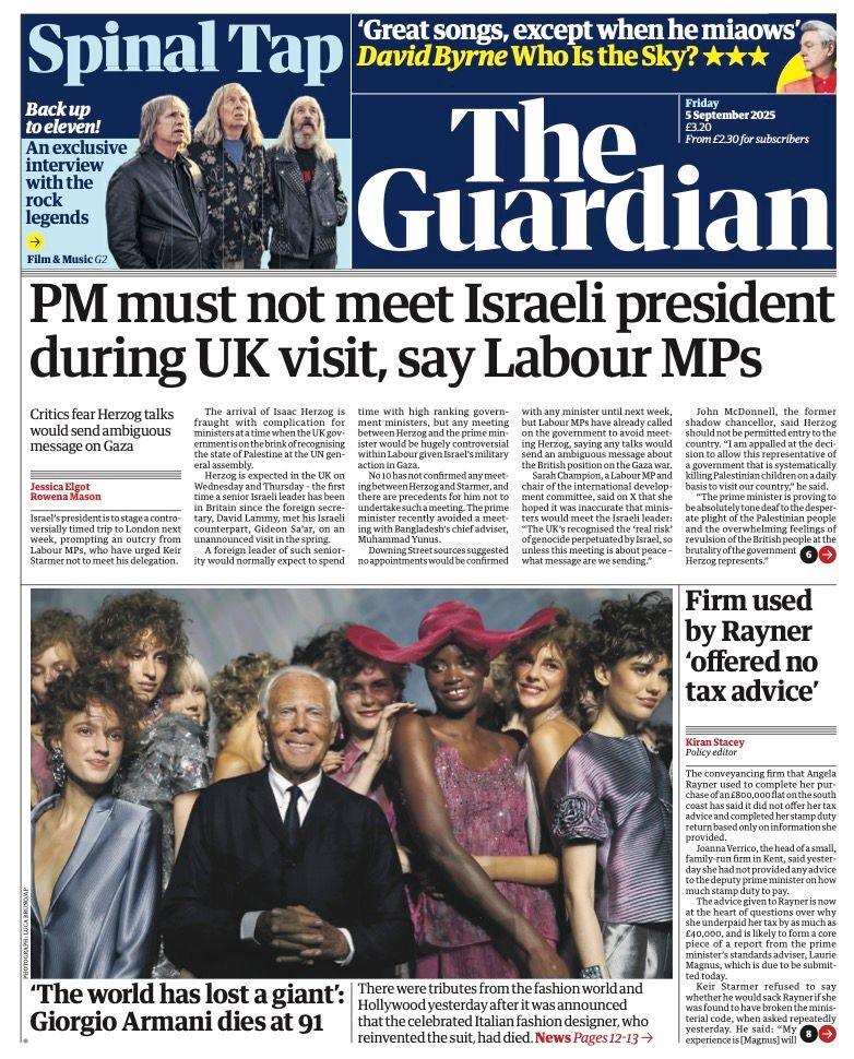 The headline on the front page of the Guardian reads: "PM must not meet Israeli president during UK visit, say Labour MPs".