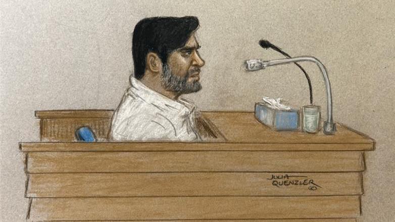 Court sketch of Urfan Sharif in the witness box. 