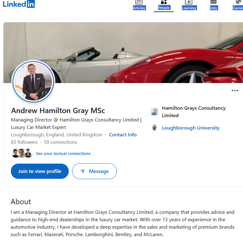 Cllr Gray's LinkedIn page shows his photo and luxury cars