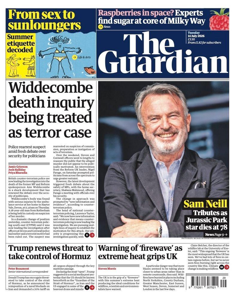 The headline on the front page of the Guardian reads: “Widdecombe death inquiry being treated as terror case”.