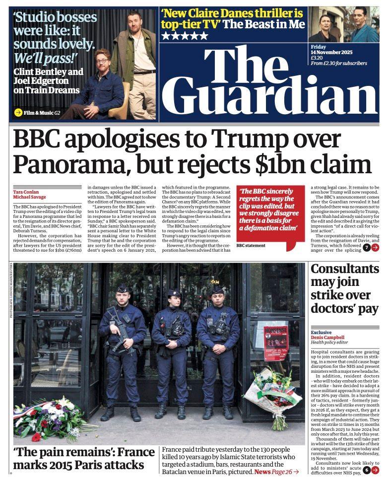 The headline on the front page of the Guardian reads: "BBC apologises to Trump over Panorama, but rejects $1bn claim".