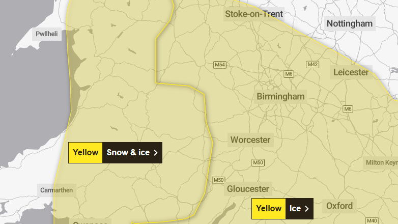 Met office map showing Wales and England with a yellow area covering parts of north mid and south wales labelled with the words Yellow snow and ice