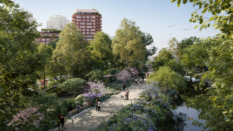 An artist's impression of the improvements to Dean's Brook Nature Reserve. A lush landscape can be seen with large trees, blossom trees, shrubs, gravel paths and Deas Brook itself, with an underground train and the tower blocks visible in the background