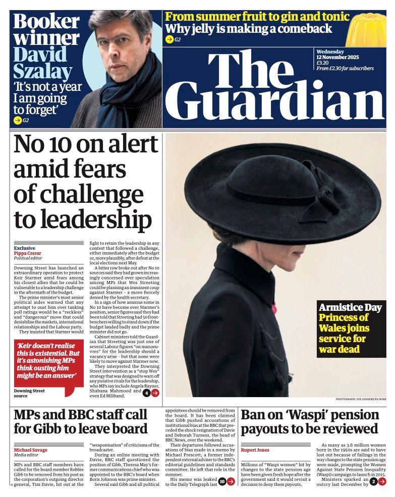 The headline on the front page of the Guardian reads: "No 10 on alert amid fears of challenge to leadership".