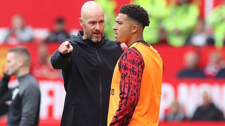 Jadon Sancho and Erik ten Hag during pre-season 