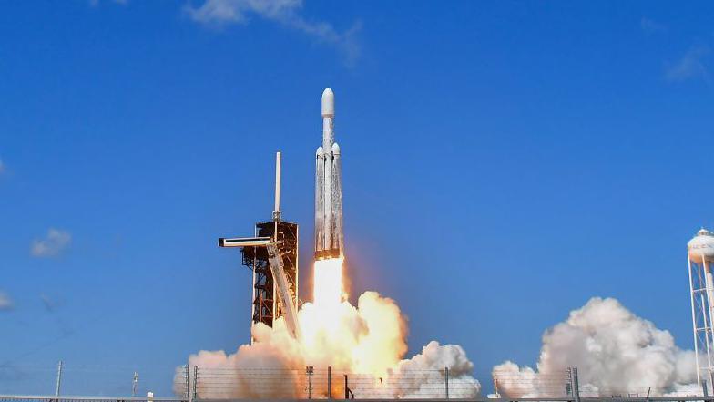 A SpaceX Falcon Heavy rocket with the Europa Clipper spacecraft aboard launches from Launch Complex 39A at NASA's Kennedy Space Center in Cape Canaveral on October 14, 2024