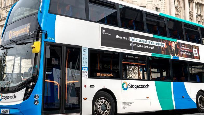 A Stagecoach bus parked outside the Liver Building in Liverpool, where staff took part in strikes last month