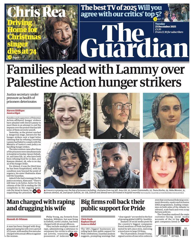 Titulli në faqen e parë të gazetës Guardian thotë: "Familjet i luten Lammy-t për grevistët e urisë të Aksionit për Palestinë".