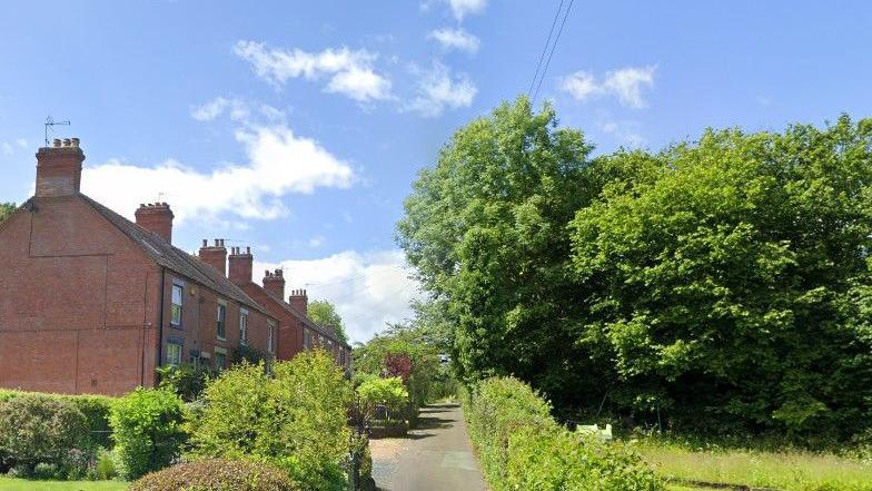 A row of terrace houses on the left hand side of the image and an area of trees and foliage on the right hand side. There is a narrow lane running in between.