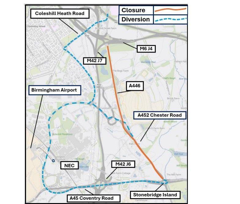 A map showing the diversion route in a broken blue line and the closure route in an orange line.
