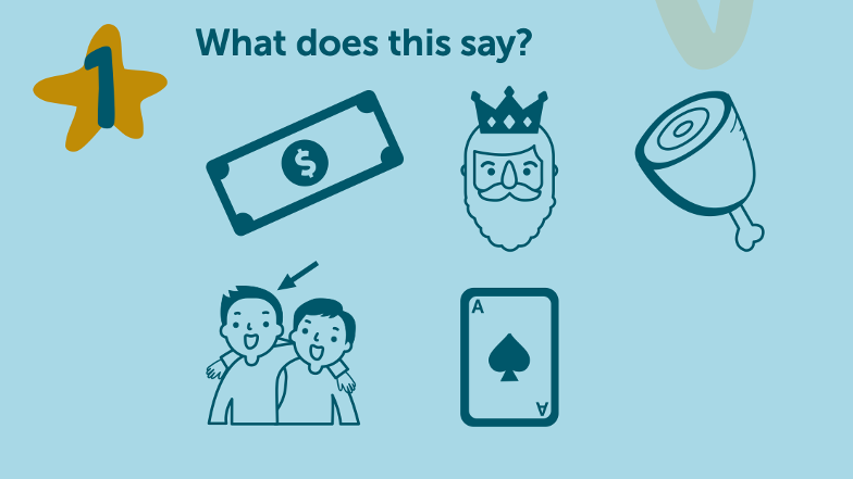 A puzzle asking “What does this say?” featuring five images: a dollar bill, a king wearing a crown, a ham, two children with an arrow pointing to one and an ace of spades.