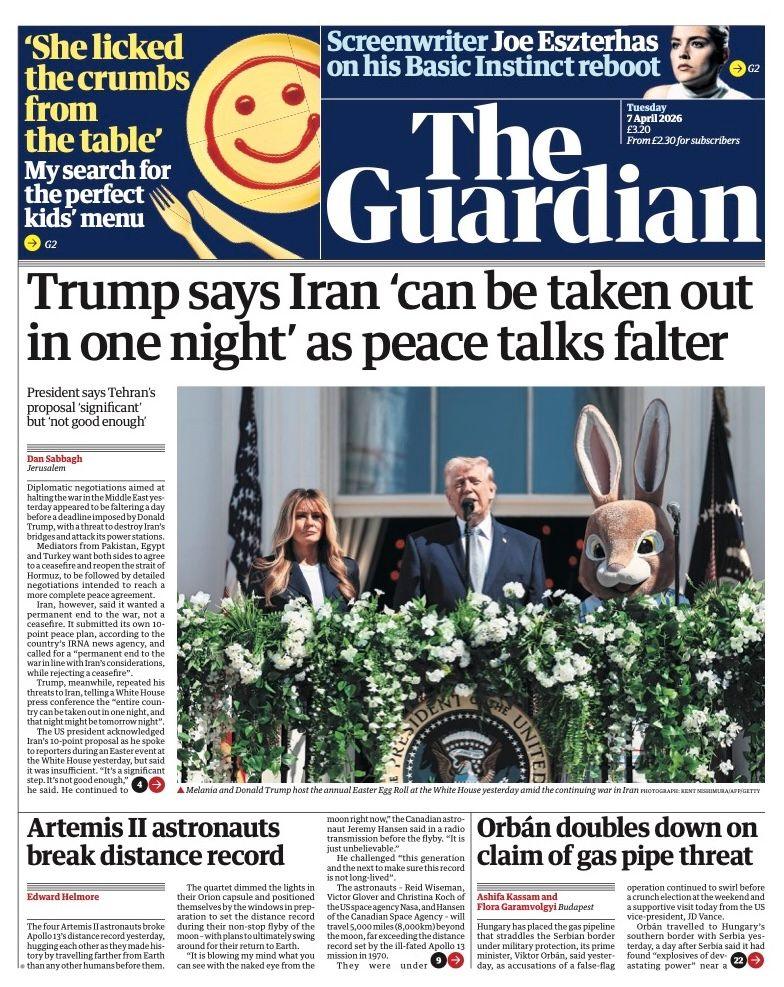 Titulli në faqen e parë të gazetës Guardian thotë: “Trump thotë se Irani ‘mund të eliminohet brenda një nate’, ndërsa bisedimet e paqes dështojnë”.