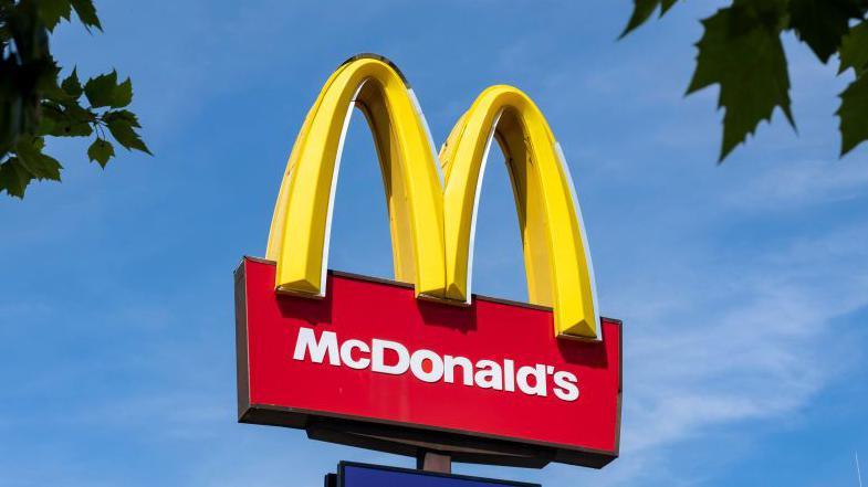 The sign for McDonald's restaurant - a golden letter M above the McDonald's name in white on red against a blue sky viewed through a gap in some branches