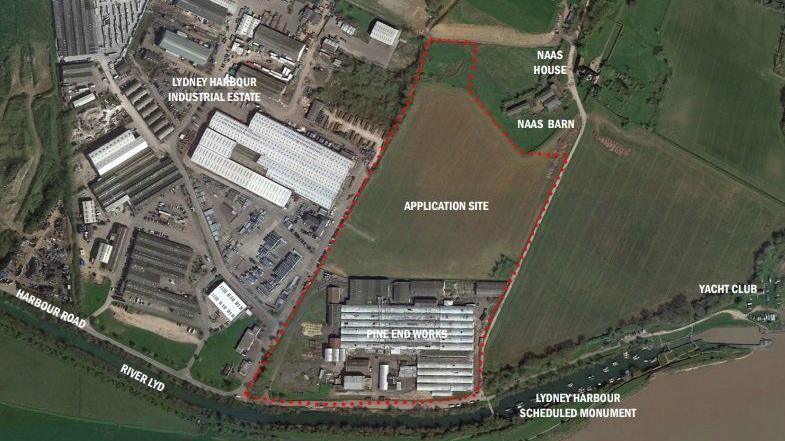 Aerial view of the proposed site between Lydney Harbour and the nearby industrial estate