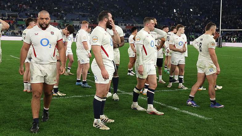 England players look dejected after losing to Italy in the Six Nations on 7 March 2026