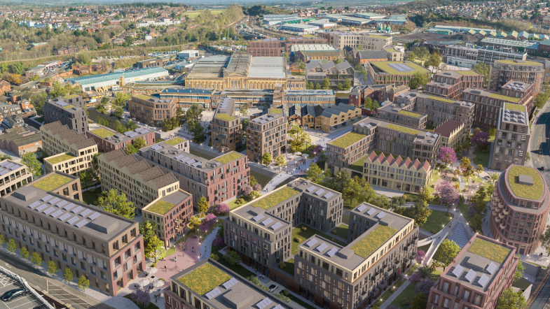An aerial view of the Shrub Hill development with greenery and high-rise buildings
