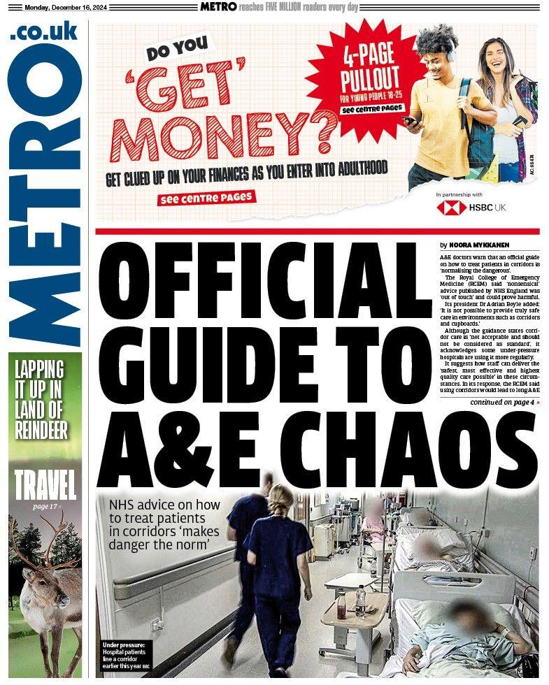 The front page of the Metro, with a headline that reads: "Official guide to A&E chaos".