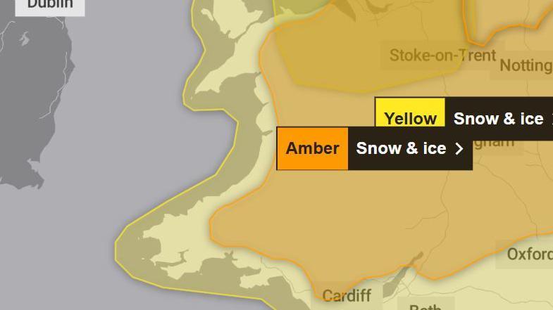 Amber snow and ice weather warning covering: Blaenau Gwent
Bridgend
Caerphilly
Cardiff
Carmarthenshire
Ceredigion
Conwy
Denbighshire
Flintshire
Gwynedd
Merthyr Tydfil
Monmouthshire
Neath Port Talbot
Newport
Pembrokeshire
Powys
Rhondda Cynon Taf
Swansea
Torfaen
Vale of Glamorgan
Wrexham