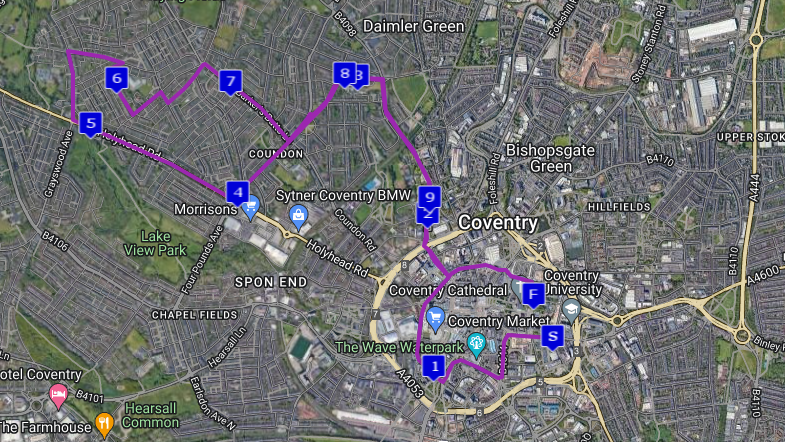 An aerial map showing the route of Coventry 10k, with blue markers every 1km