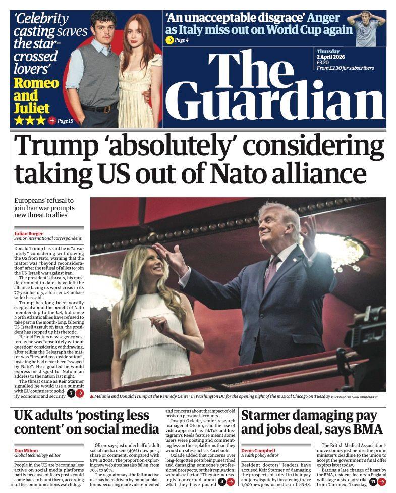 Titulli në faqen e parë të gazetës Guardian thotë: “Trump ‘absolutisht’ po e shqyrton mundësinë e nxjerrjes së SHBA-së nga aleanca e NATO-s.”