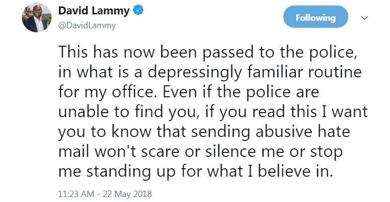 Screen grab of Tweet by David Lammy MP