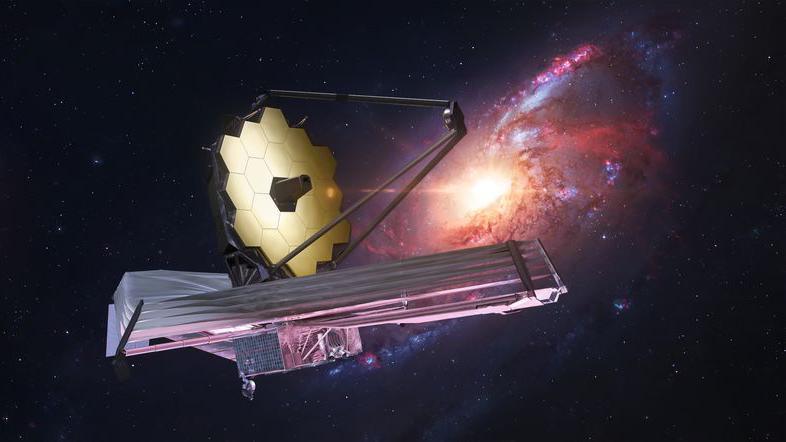 A computer illustration of the James Webb telescope in space