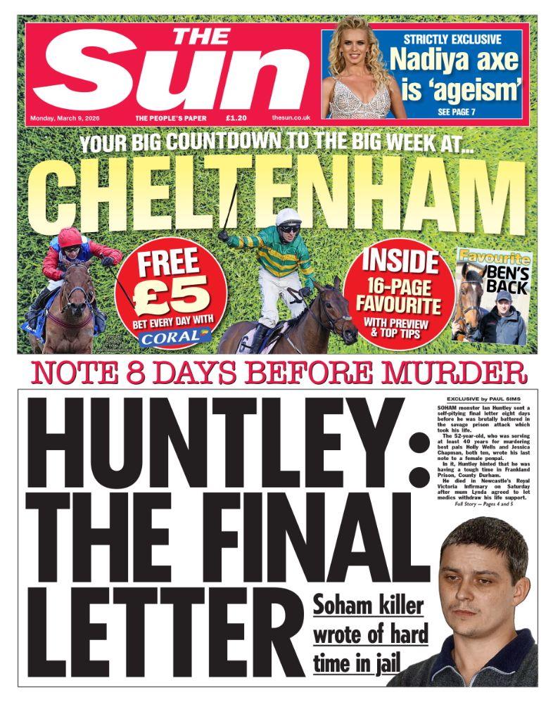 “Huntley: Letra e fundit”, shkruhet në titullin kryesor të faqes së parë të gazetës “The Sun”.