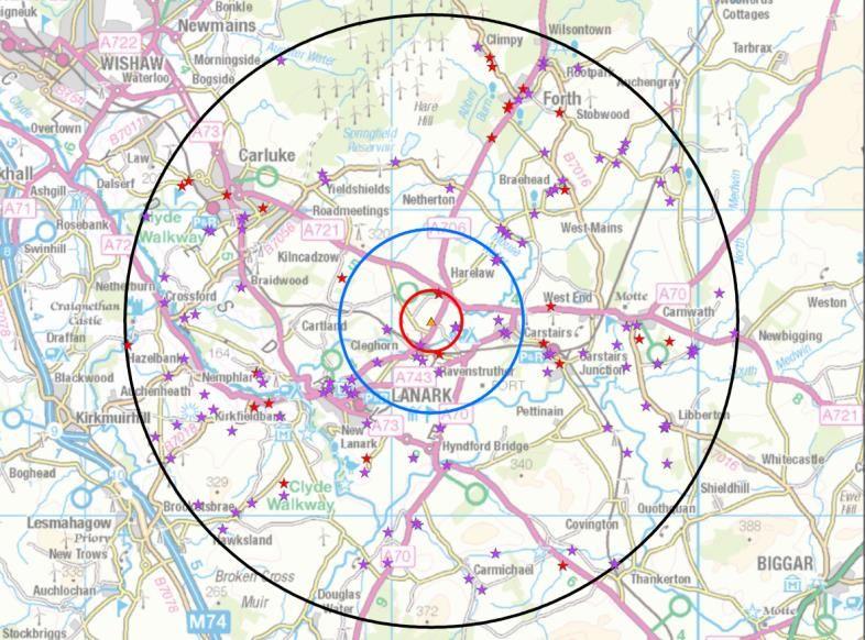 A map showing protection zones around a farm near Lanark where birds have been affected by bird flu.