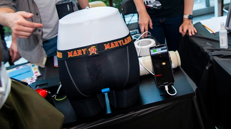 A close-up of the new device, attached onto some boxer shorts.