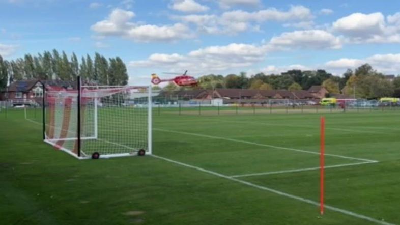 Helicopter landing at Stourbridge FC's the War Memorial Athletic Ground on Saturday 6 October 2024