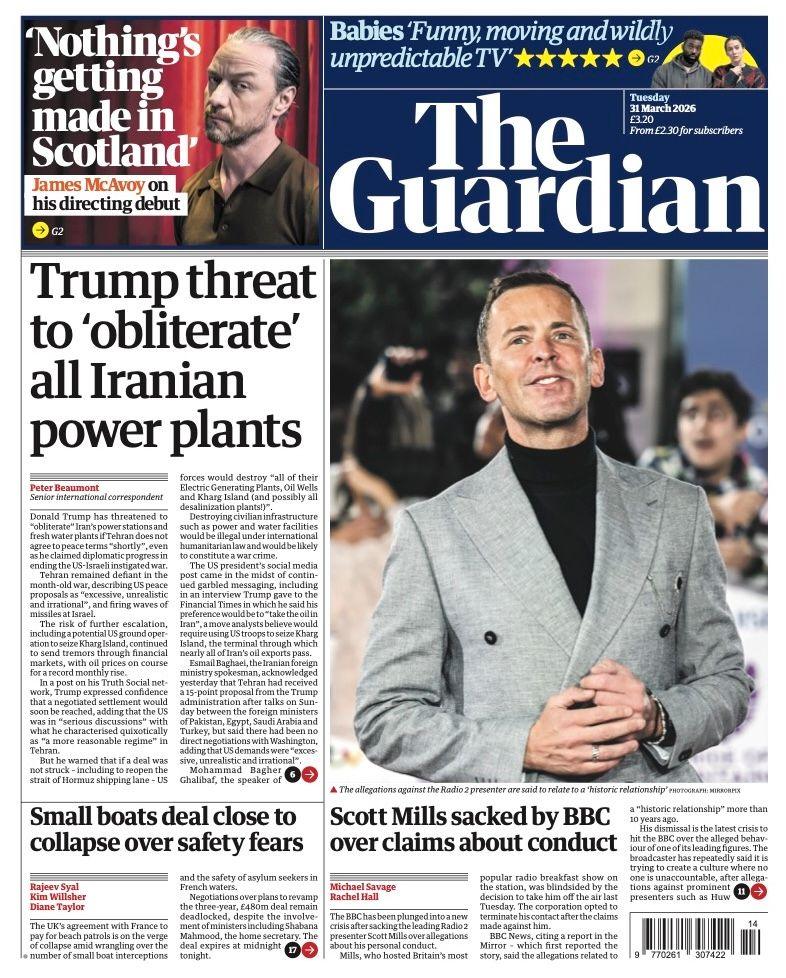 Titulli në faqen e parë të gazetës Guardian thotë: “Kërcënimi i Trump për të ‘zhdukur’ të gjitha termocentralet iraniane”.