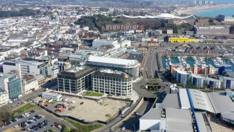 Finance buildings aerial Jersey