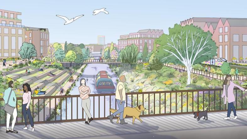 An artist's impression shows a pastel coloured cartoon. There is a canal with a boat, people stood overlooking it on a bridge, green riverbanks and trees and housing