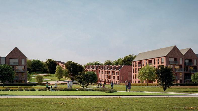 A CGI impression of a housing estate with large brick homes with lots of windows and attack rooms. There is lots of green space and trees in front of them, with people walking around.