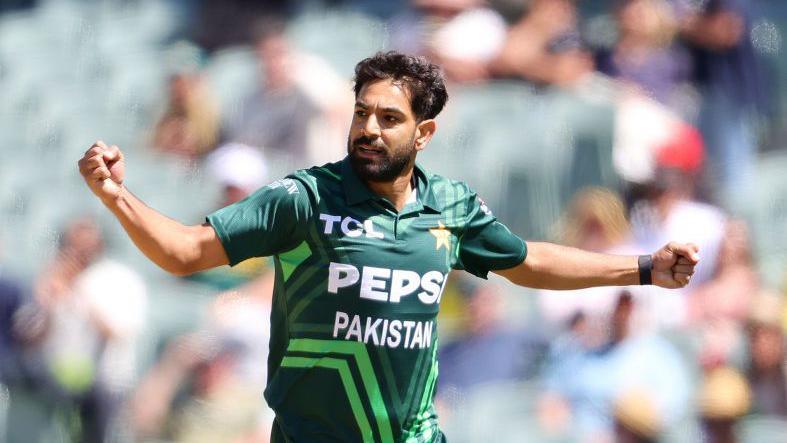 Pakistan fast bowler Haris Rauf celebrates taking a wicket against Australia