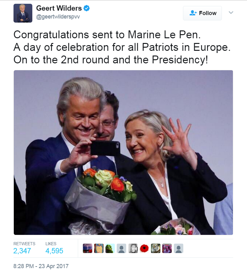 Tweet from @Geertwilderspvv: Congratulations sent to Marine Le Pen. A day of celebration for all Patriots in Europe. On to the 2nd round and the Presidency!