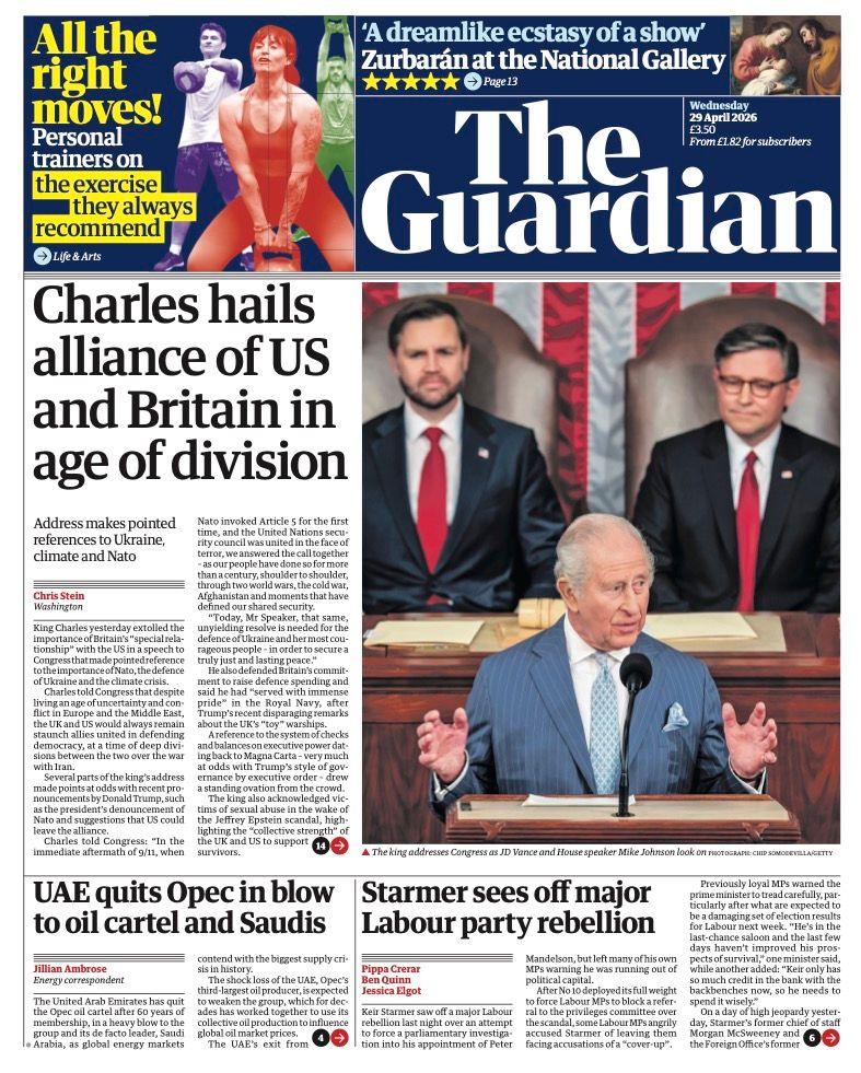 Titulli në faqen e parë të gazetës Guardian thotë: Charles përshëndet aleancën e SHBA-së dhe Britanisë në epokën e përçarjes