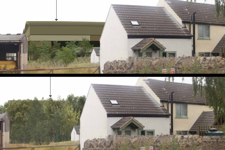 Two composite images, one showing a large green warehouse at the back of a white cottage and one showing lots of trees in front of the warehouse