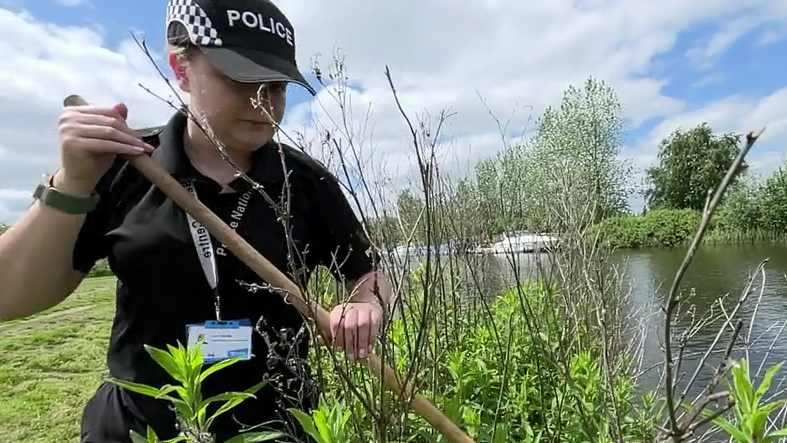 A police officer searching the riverbank in Beccles