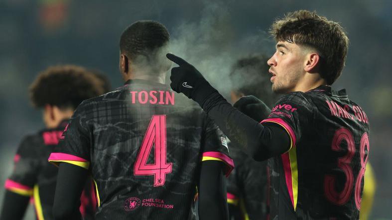 Chelsea players celebrate Marc Guiu's goal against Astana