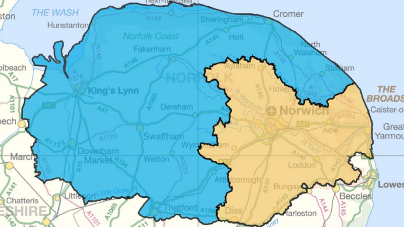 We can see a map of Norfolk. The areas covering West Norfolk, Breckland and North Norfolk are in blue. The areas for Norwich, Broadland, Great Yarmouth and South Norfolk are in yellow.