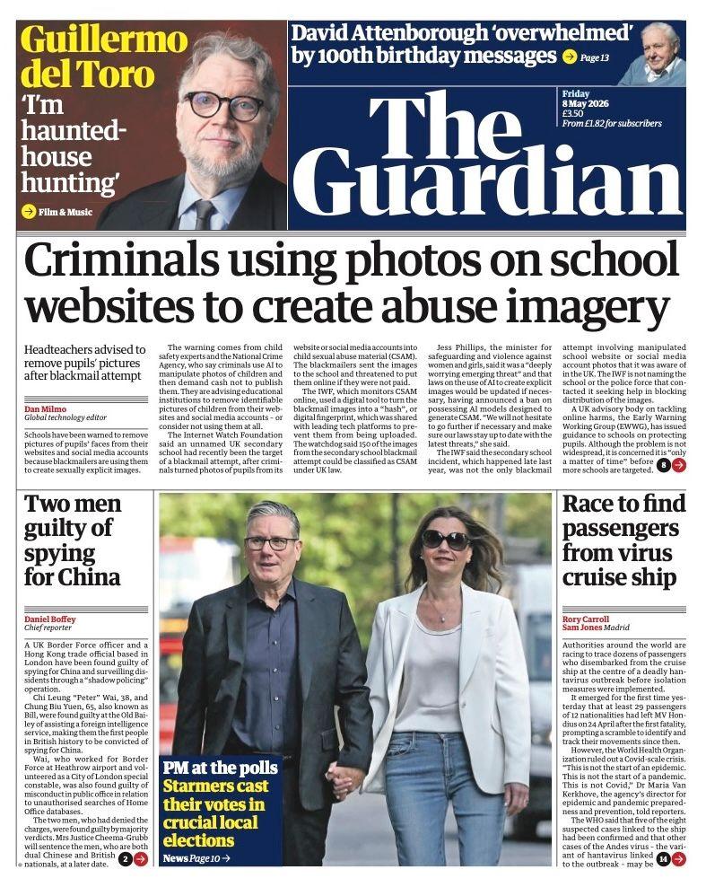 Titulli në faqen e parë të gazetës Guardian thotë: “Kriminelë që përdorin foto në faqet e internetit të shkollave për të krijuar imazhe abuzimi”.