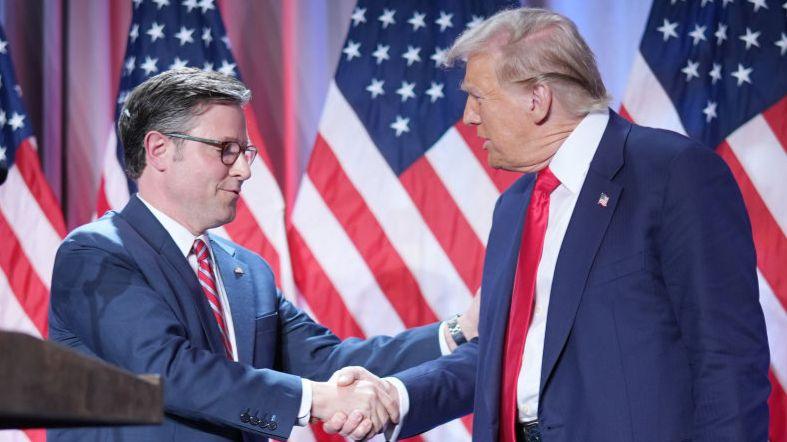 Speaker of the House Mike Johnson shakes hands with President-elect Donald Trump onstage at a House Republicans Conference meeting on November 13, 2024. Behind them are US flags. Both are wearing blue suits. 