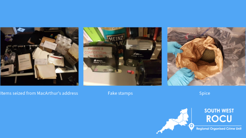 A graphic from the Regional Organised Crime Unit. A light blue background with their logo in the bottom right. Three pictures are inside, showing fake legal letters, fake stamps and a large bag of the drug spice.