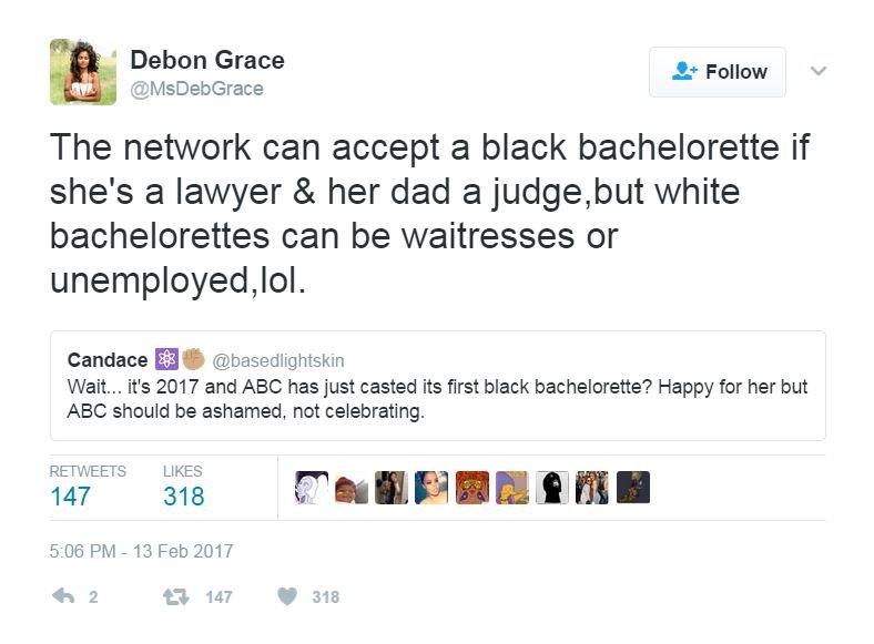 The network can accept a black bachelorette if she's a lawyer & her dad a judge, but white bachelorettes can be waitresses or unemployed,lol.