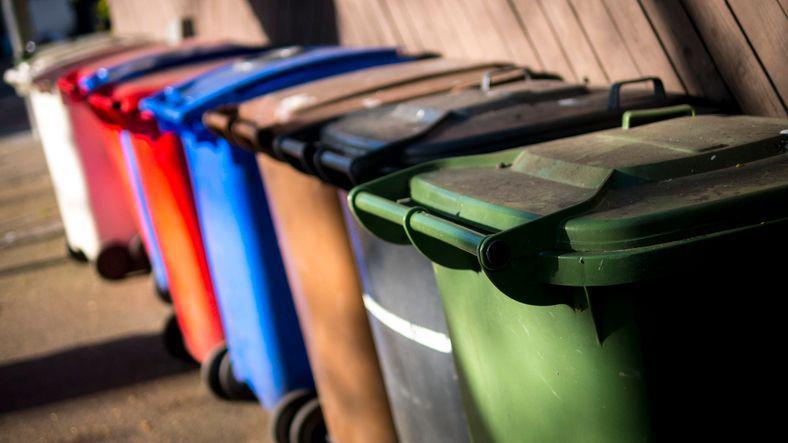 lots of big bins in a row, for a recycling and general waste