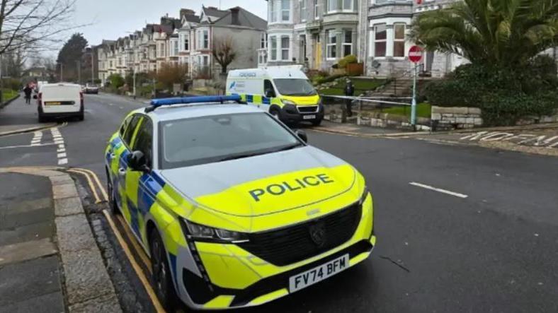 A police car and police forensics van are parked on Lipson Road in Plymouth while an investigation takes place. A cordon with police tape and a police officer has been set up outside a home on the road.