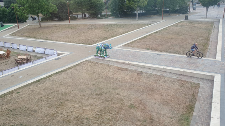 An aerial view of four lawns looking brown